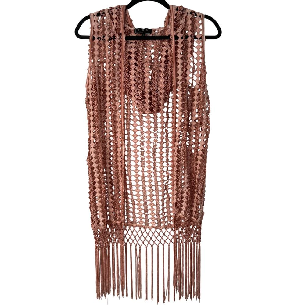 POL Duster Vest Crochet Fringe Trim Hood Size S Dark Blush Pink Boho Rave Indie